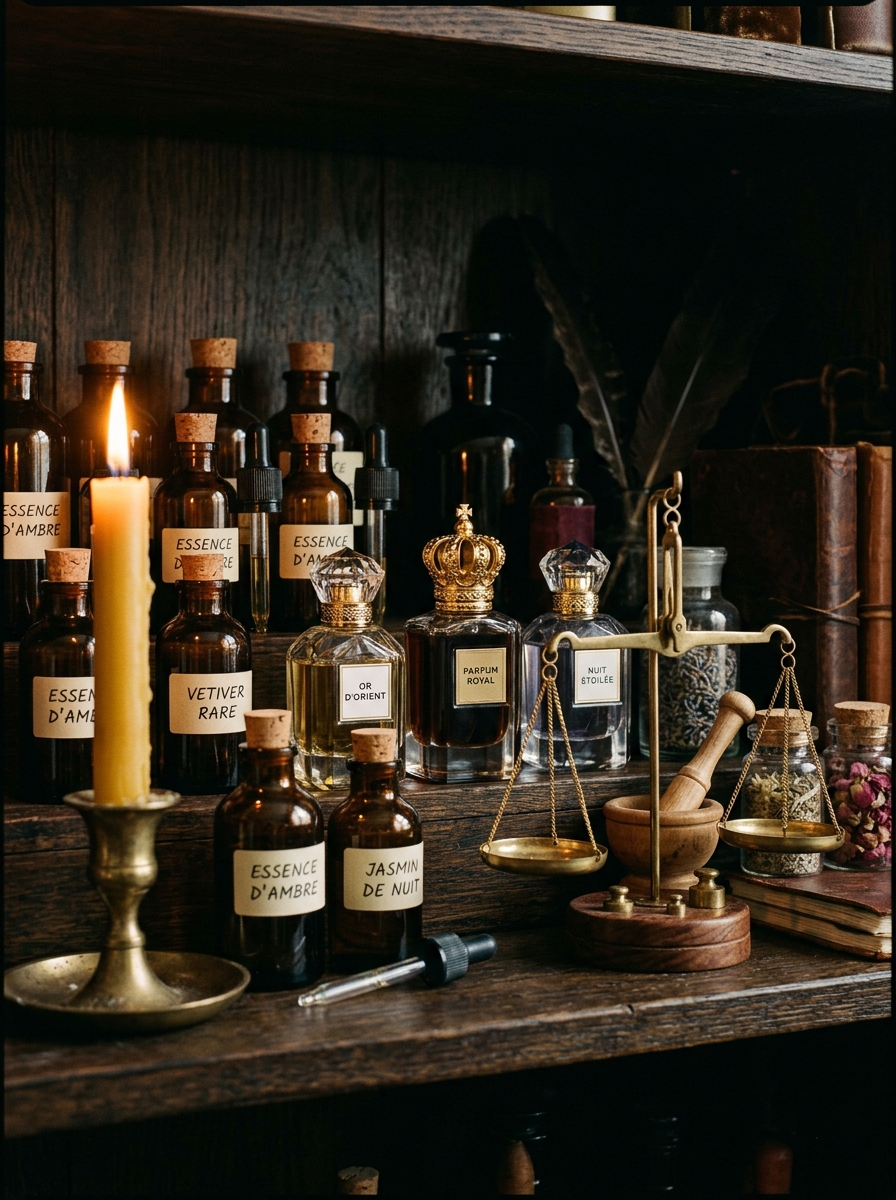 RoyalScent Artisan Perfume Laboratory — Pure amber perfume oils, antique apothecary shelves, and 24k gold crown flacons