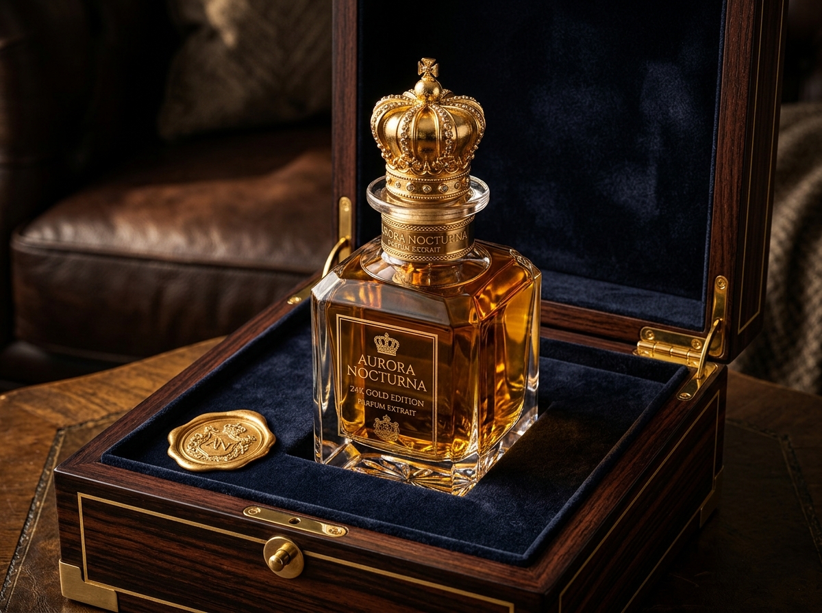 RoyalScent Coronation Gift Box — Heavy crystal perfume bottle with 24k gold crown cap inside mahogany velvet box with gold wax seal